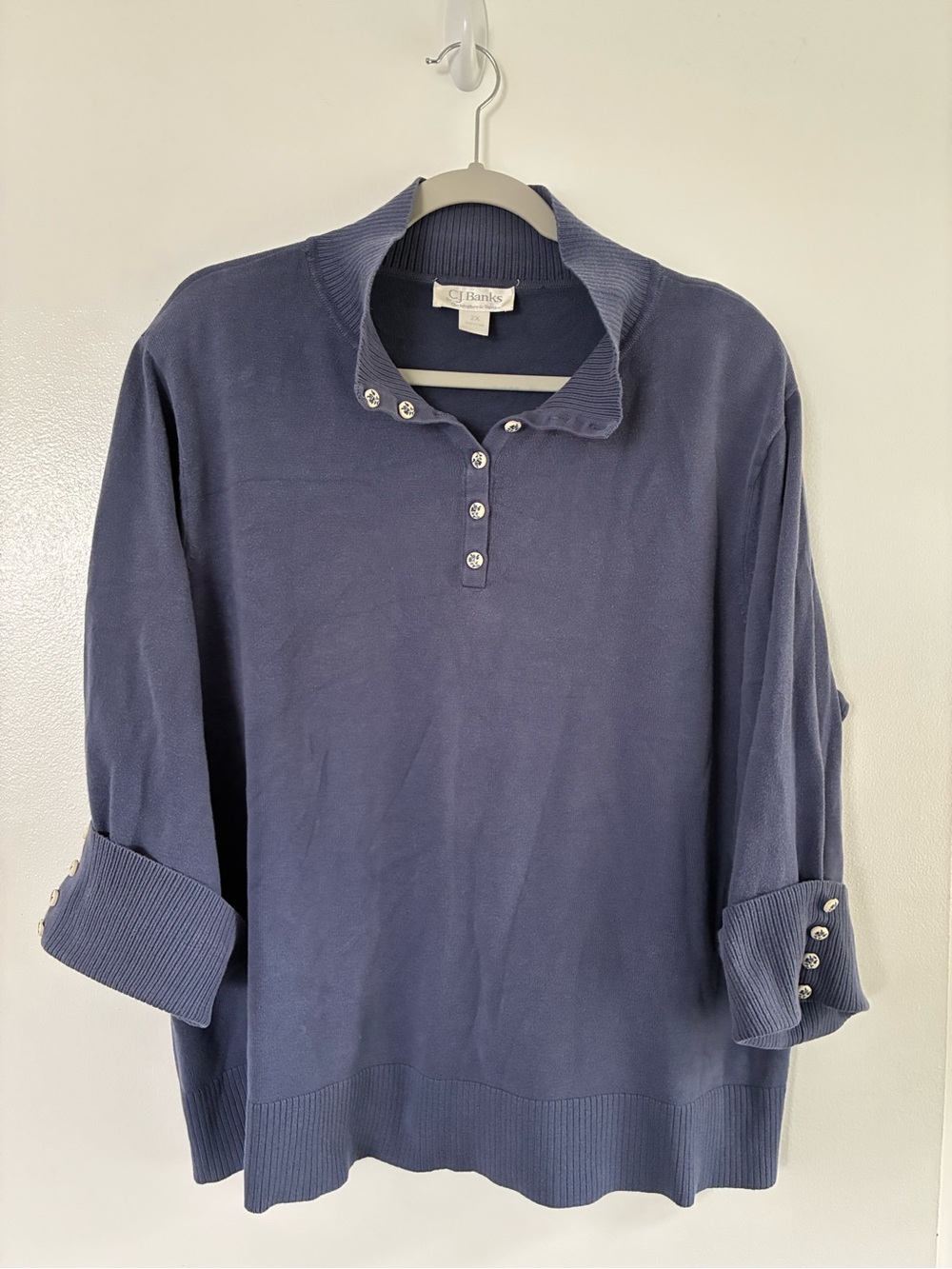 CJ Banks Navy Button-Front Collared Knit Pullover